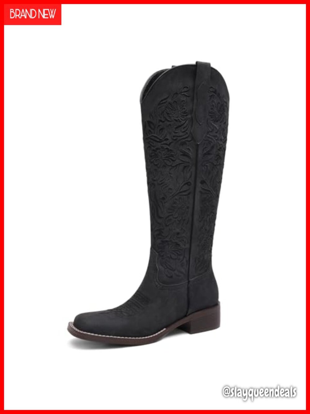 Embroidered Western Cowboy Boots Knee High Square Toe Low Heel Pull On